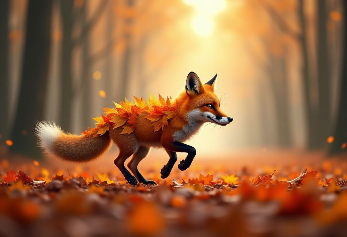 A fox made of autumn leaves running through a misty forest — generated by AImagination