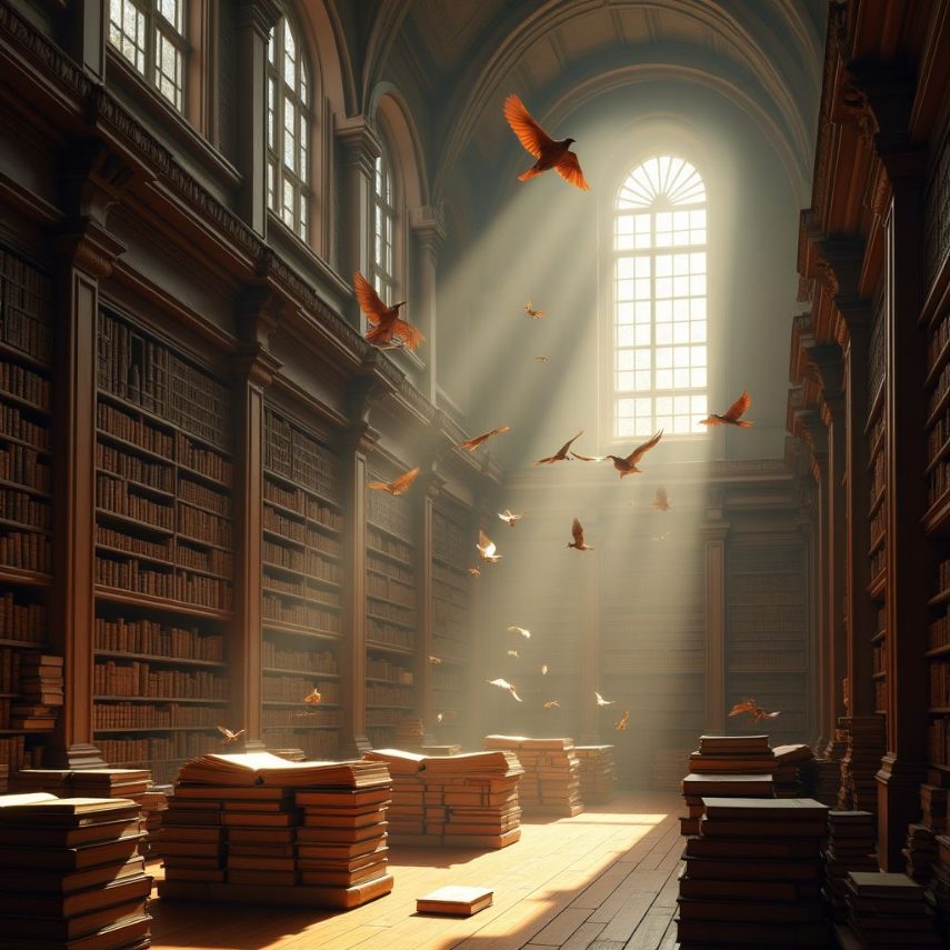 A library where the books fly around like birds